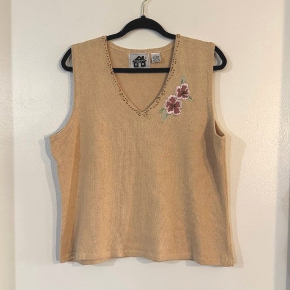 Storybook Knits Sweater Vest L Tan Floral Embroidered Beaded Vintage grandmacore